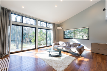 リビングエリアは勾配天井と2面開口です