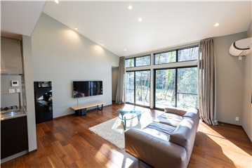 テラスに面した明るいリビングエリア